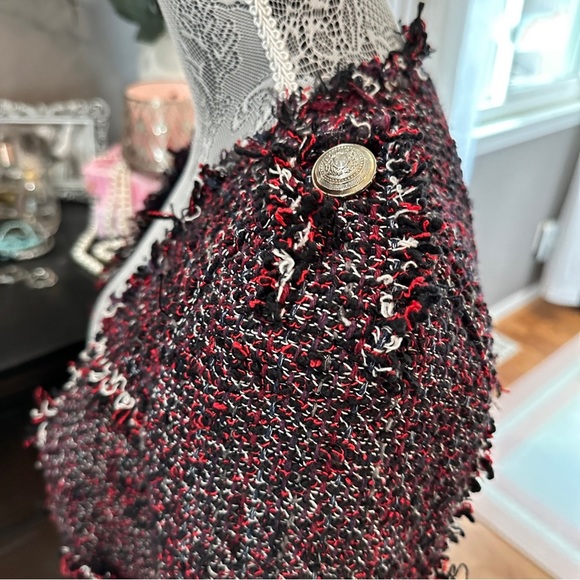 Zara Basic Tweed Longline Coat Jacket XS Black Red Fringe Bouclé - Picture 6 of 16